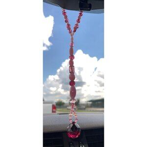 Beaded Suncatcher Rearview Mirror Ornament Pink Maroon Crystal Prism Car Charm